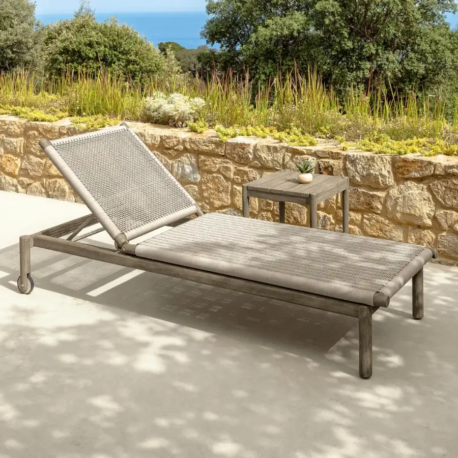 Sophisticated Talenti Dolcevita Wood lounger with weathered grey solid wood and woven rope seat crafted with a matte finish