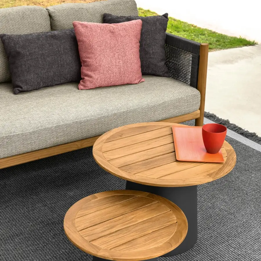 Distinguished Talenti Dolcevita Wood coffee table with a light brown slatted teak top and matte black aluminum base