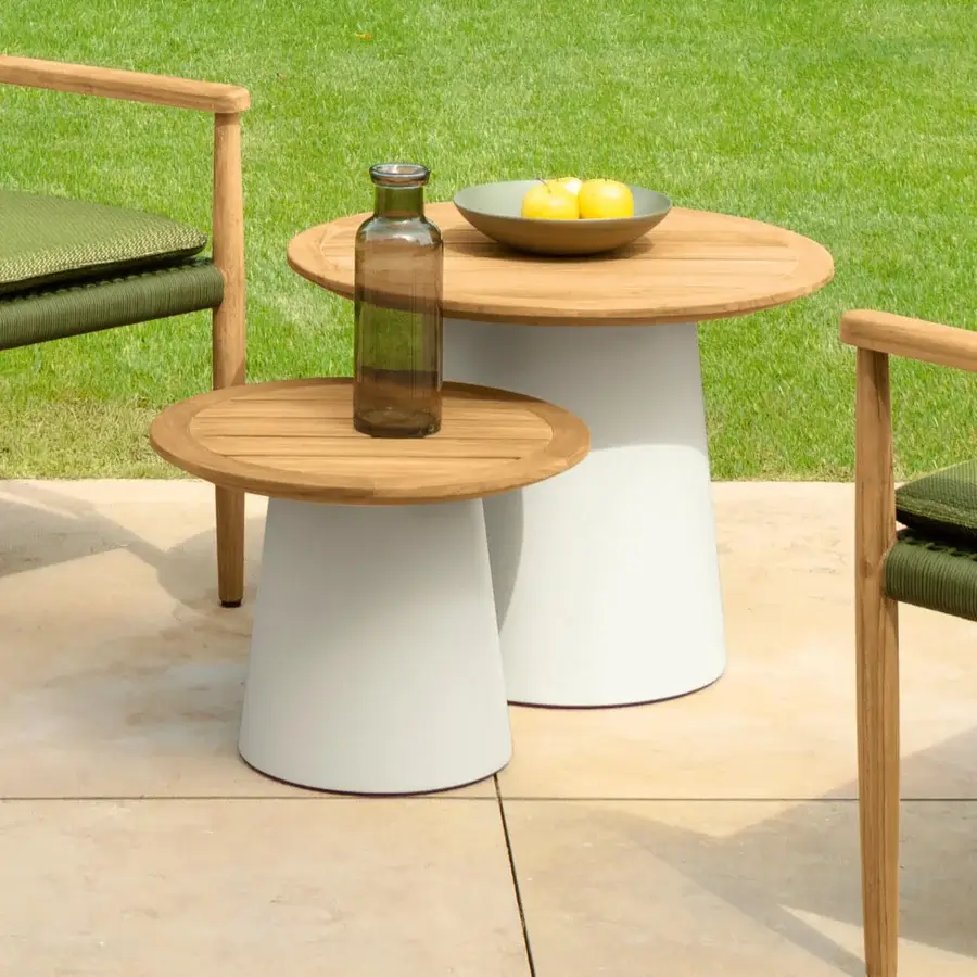 Harmonious Talenti Dolcevita Wood coffee table with a light brown teak top and matte white conical aluminum base