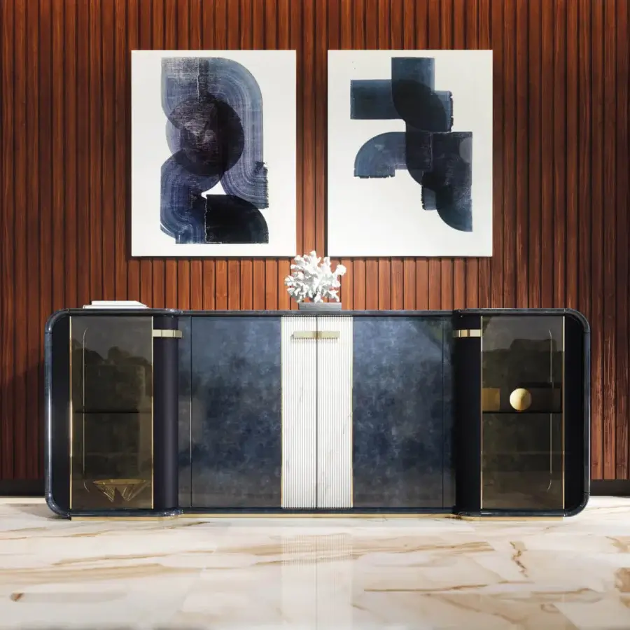 Elegant Turri Madison sideboard with glossy lacquered wood, a central white panel and gold accents illuminated within by LED lighting