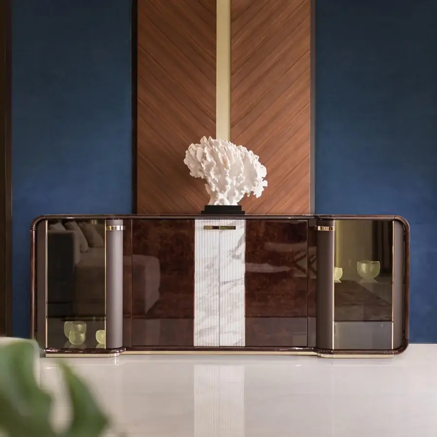 Distinguished Turri Madison sideboard with subtly grooved white panels and glossy lacquered brown wood build, showcasing illuminated glass shelving