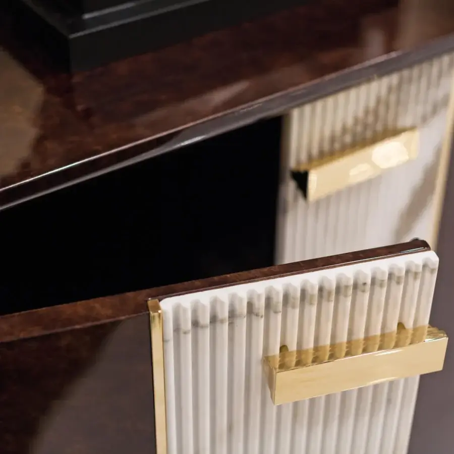 Elegant Turri Madison sideboard with glossy lacquered wood, white slats and horizontal gold handles with internal illumination