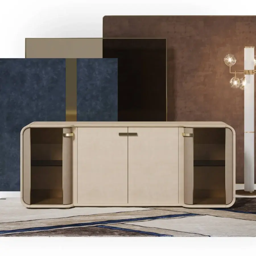 Distinguished Turri Madison sideboard with light beige inserts and bronze hardware, boasting a glossy lacquered wood finish