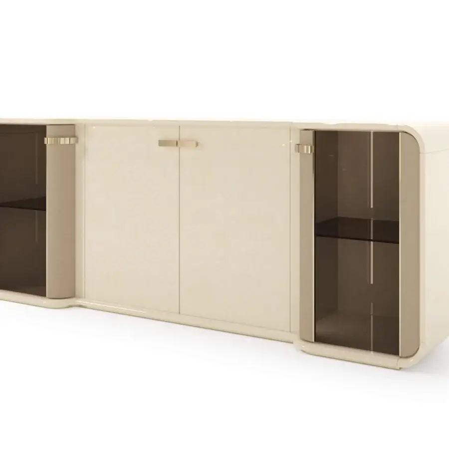 Sophisticated Turri Madison sideboard with rounded shapes, glossy lacquered wood and tinted glass shelves illuminated by internal LEDs