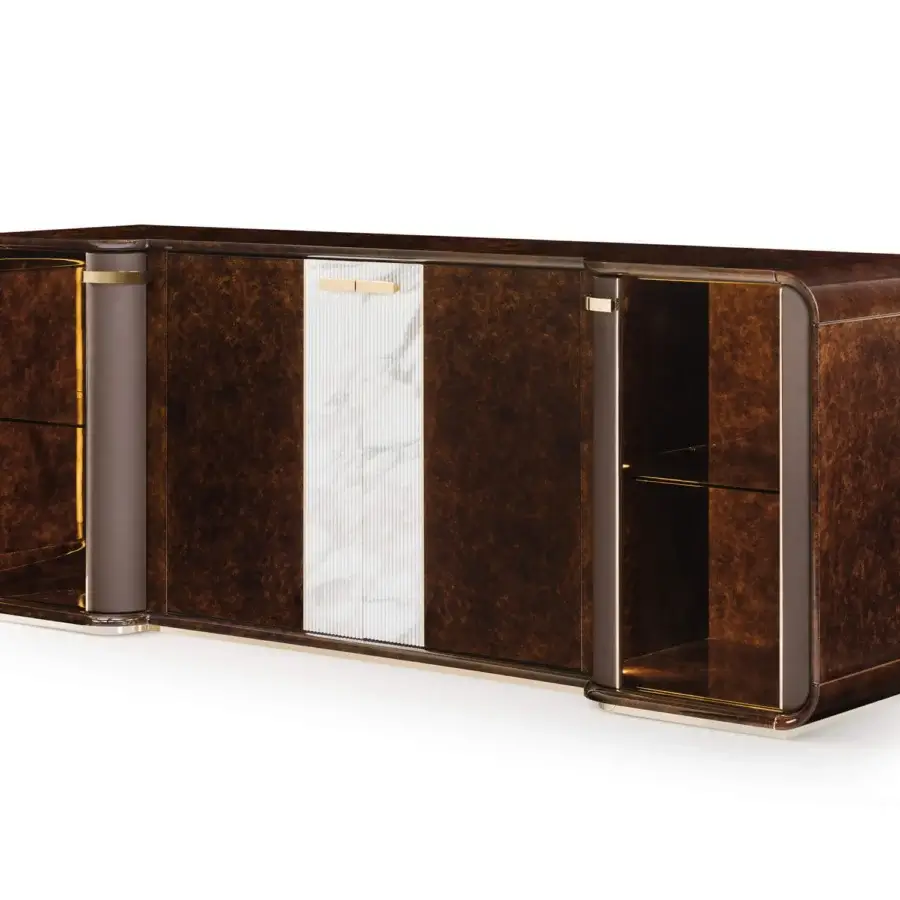 Exceptional Turri Madison sideboard with glossy lacquered wood, white stripe and gold accents within illuminated shelves