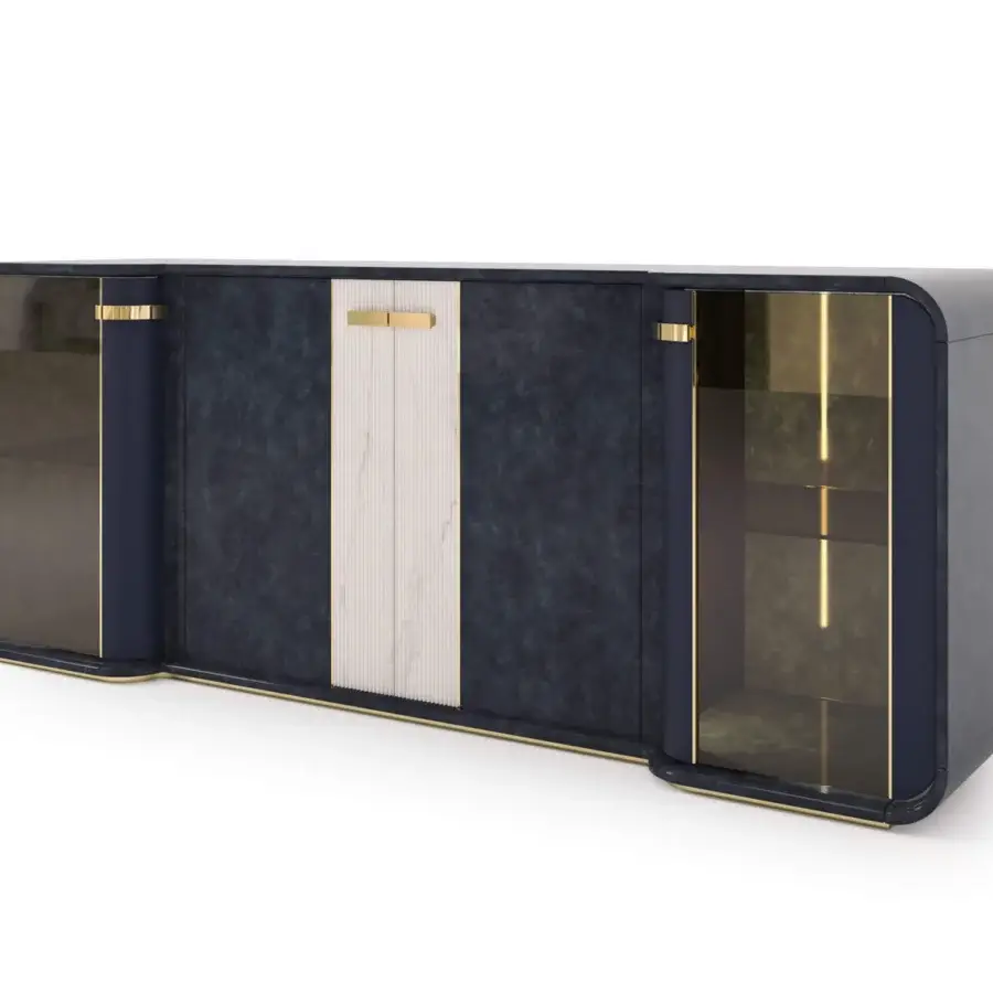 Sophisticated Turri Madison sideboard with vertically grooved wood, glossy lacquered finish and internal illumination