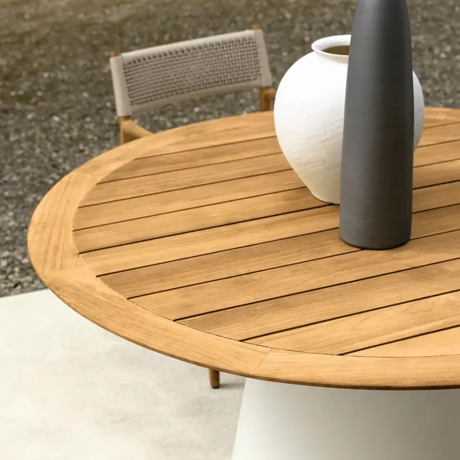 Distinguished Talenti Dolcevita Wood table with a light warm brown teak tabletop and matte white cylindrical base
