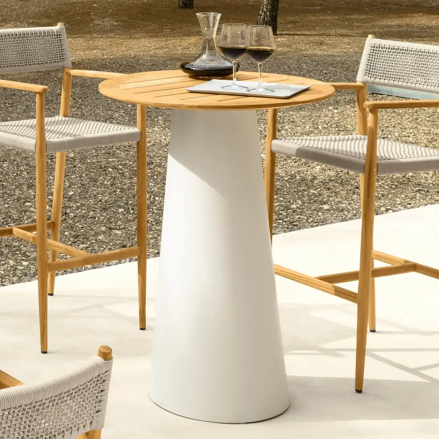 Superior Talenti Dolcevita Wood bar table with light brown teak top and sleek cylindrical white aluminum base