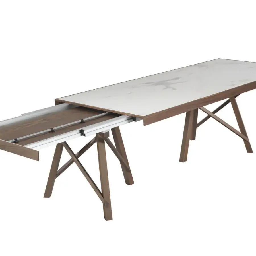 Distinguished Pacini & Cappellini Zeus extendable table with light stone-like tabletop and ash wood trim crafted in a contemporary geometric form