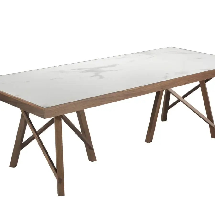 Elegant Pacini & Cappellini Zeus extendable table with woven solid ash legs and Laminam® ceramic marble effect top in rich brown tones