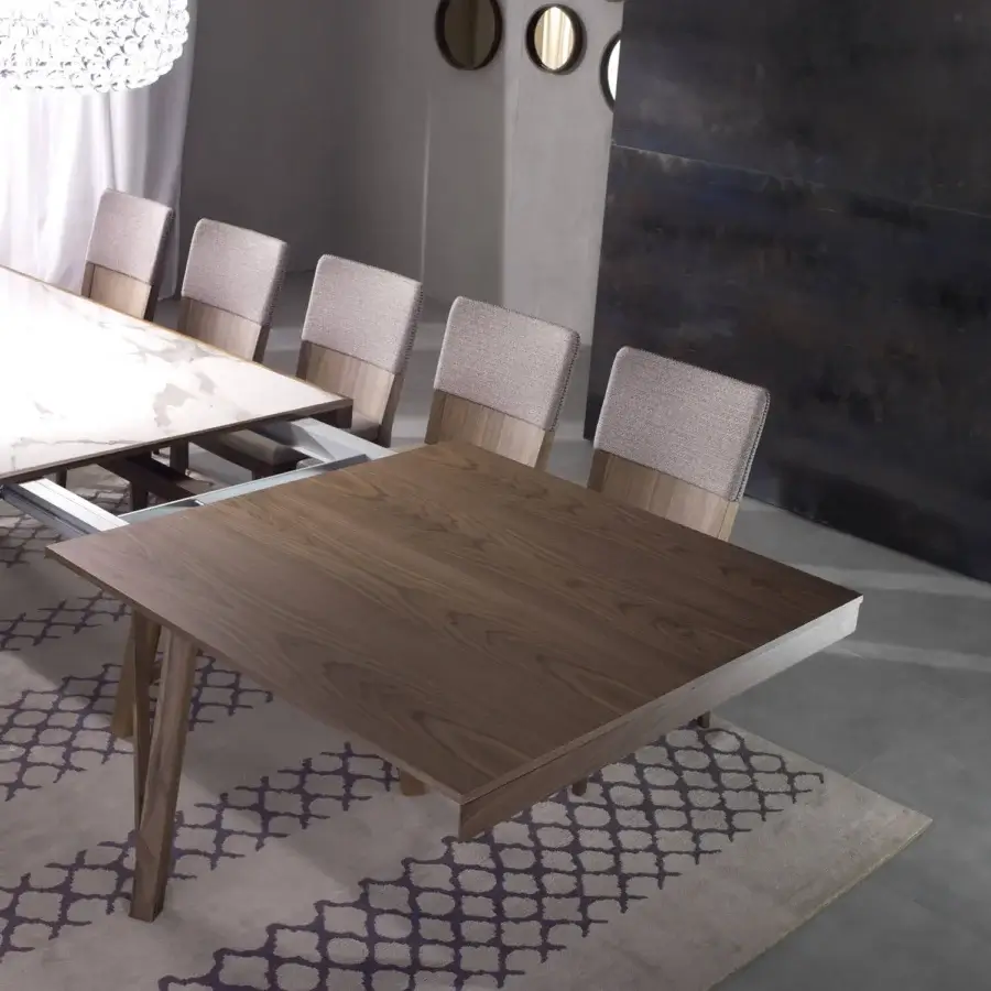Superior Pacini & Cappellini Zeus extendable table with ash legs and white gray marbled Laminam® top in matte finish