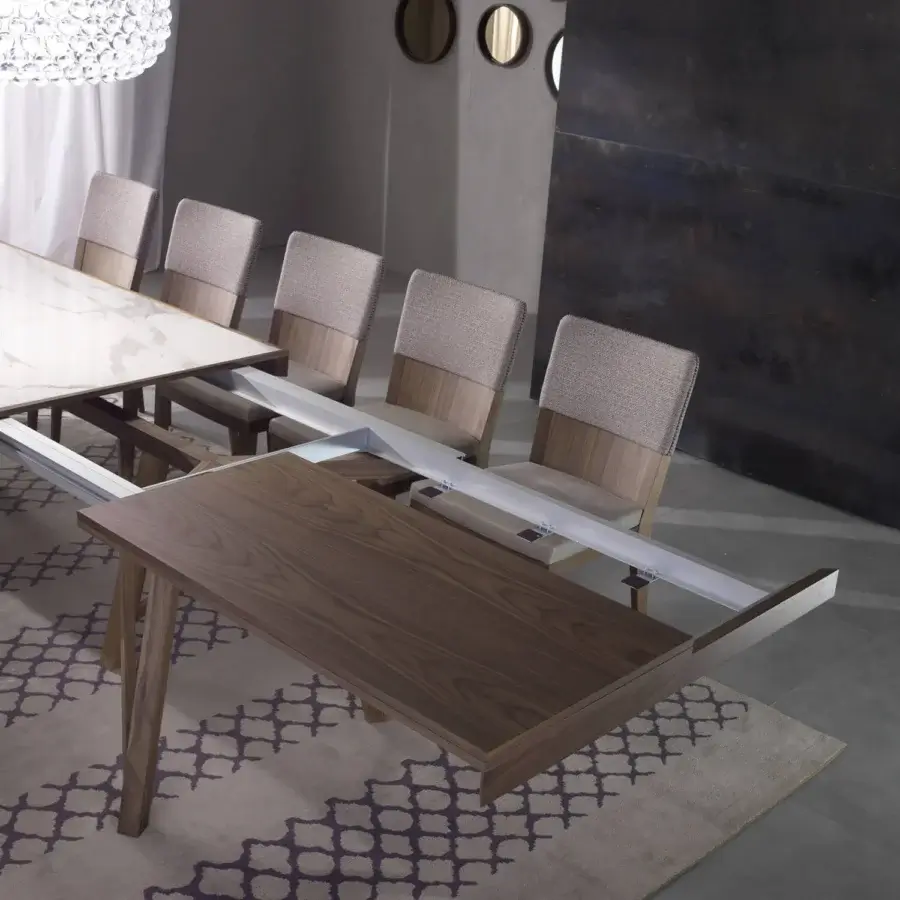 Sophisticated Pacini & Cappellini Zeus extendable table with dark brown solid ash base and white marble-effect Laminam® top