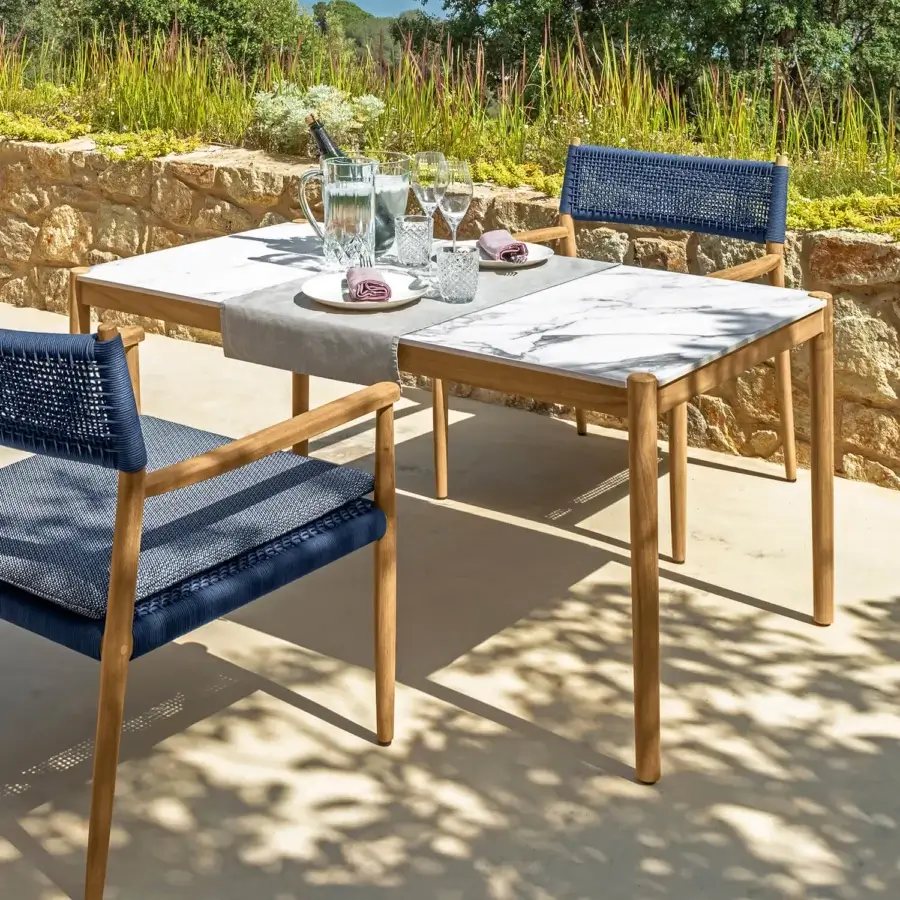 Elegant Talenti Dolcevita Wood table with light grey veined stoneware and light brown teak frame crafted in Italy