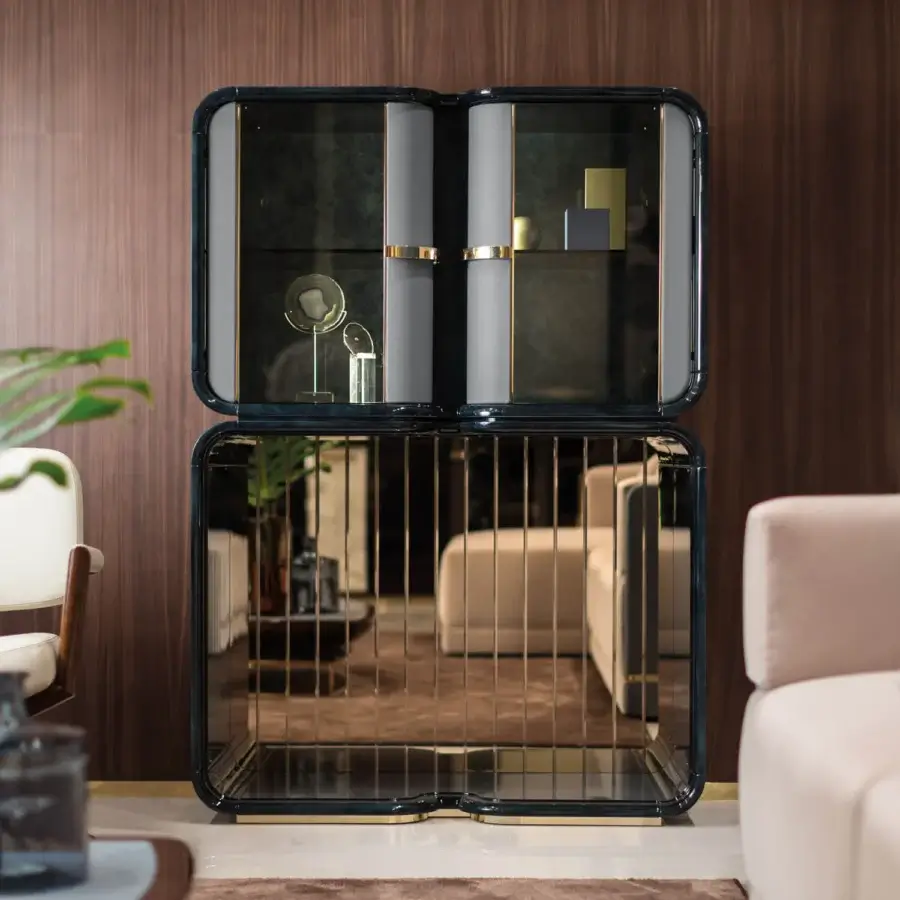 Distinguished Turri Madison bar cabinet with dark lacquered wood, light gold metal accents and illuminated glass doors