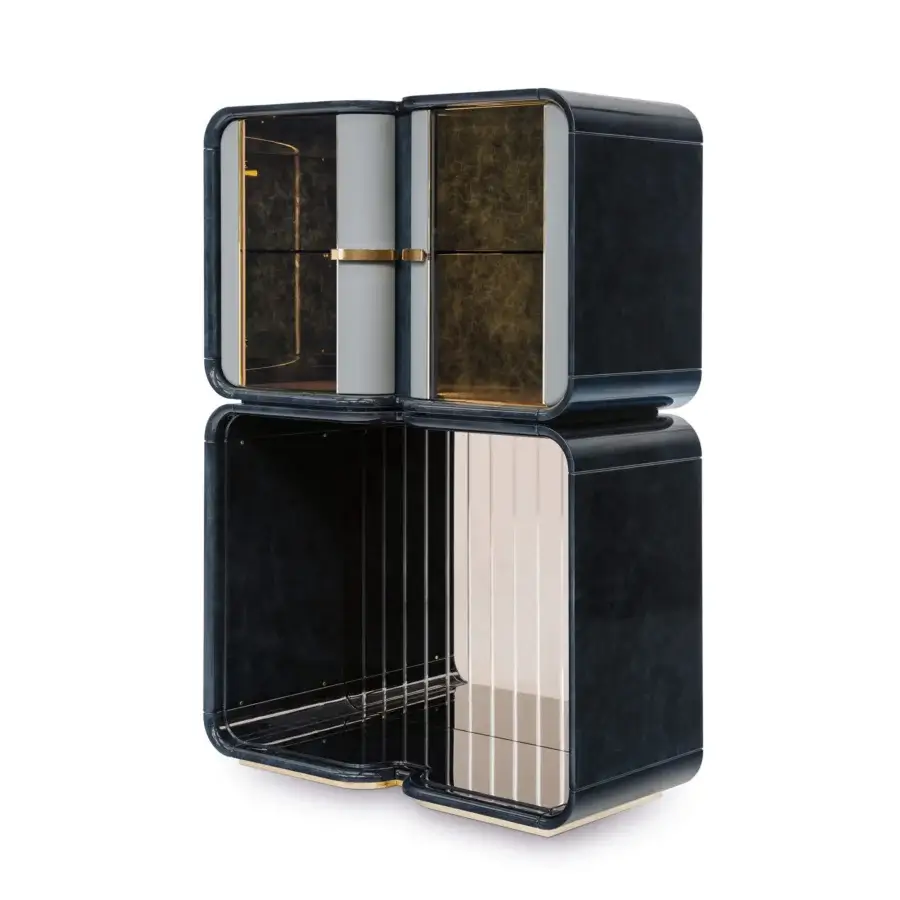 Distinguished Turri Madison bar cabinet in glossy dark blue with glass doors and illuminated interior built with light gold metal accents