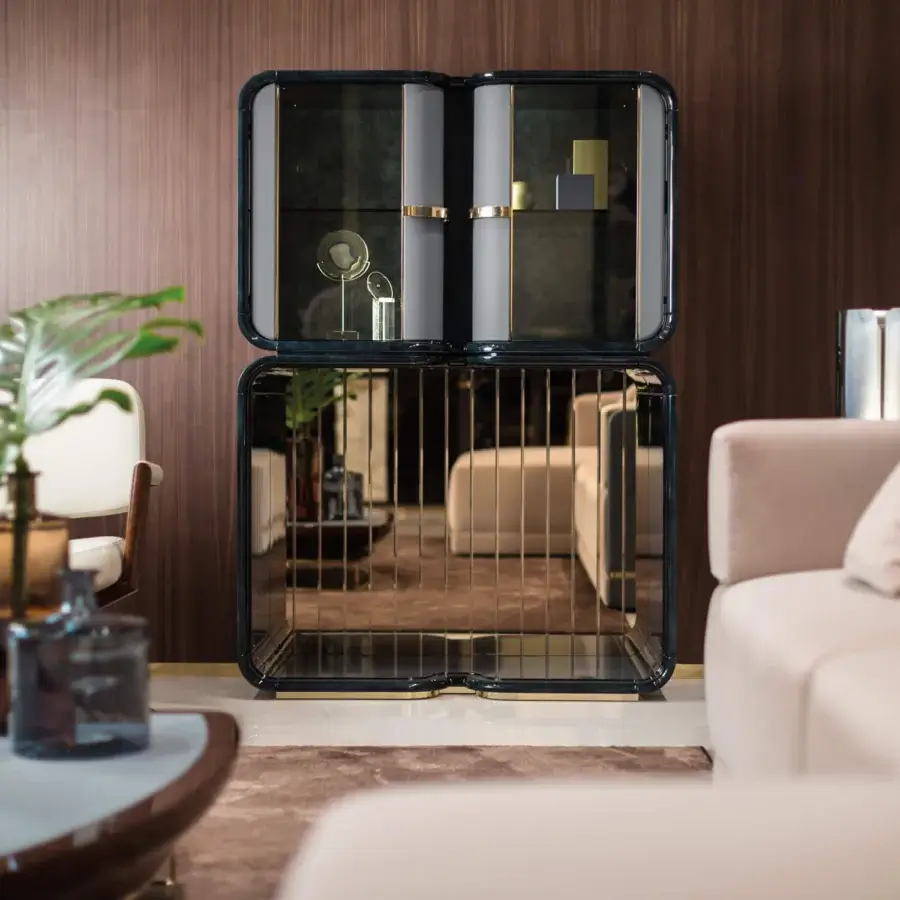 Distinguished Turri Madison bar cabinet with glass doors and light gold metal details in a dark finish