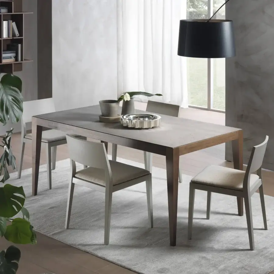 Superior Pacini & Cappellini Dominique table with light gray Cimento® top and solid ash wood structure in medium brown finish