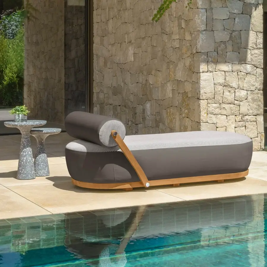 Distinguished Talenti Nami lounger crafted in teak wood with dark taupe cushions and horizontal striped pattern