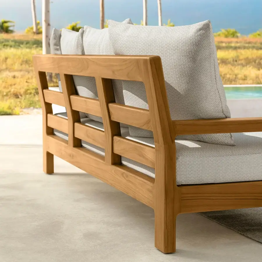 Exceptional Talenti Oliver sofa with solid teak wooden structure and soft light gray cushions crafted in Italy