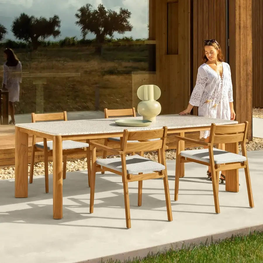 Superior Talenti Oliver armchair with solid teak wood frame and light gray cushions for outdoor use