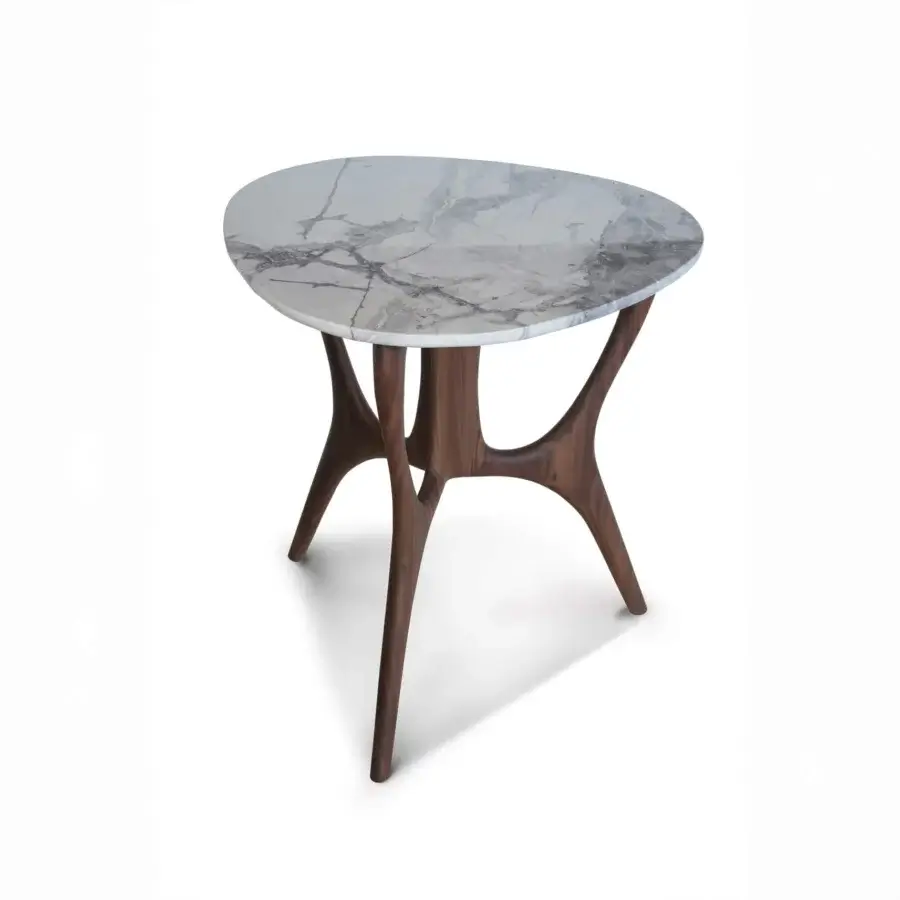 Elegant BelMondo by Bellotti Ezio Dedalo side table with swirling white and gray tones and dark walnut curved wood base