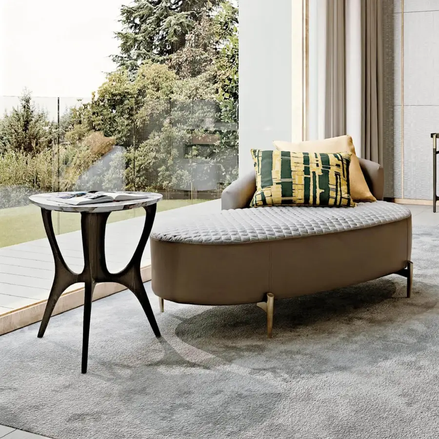 Distinguished BelMondo by Bellotti Ezio Dedalo side table with marbled gray and white top and dark brown curved wood base