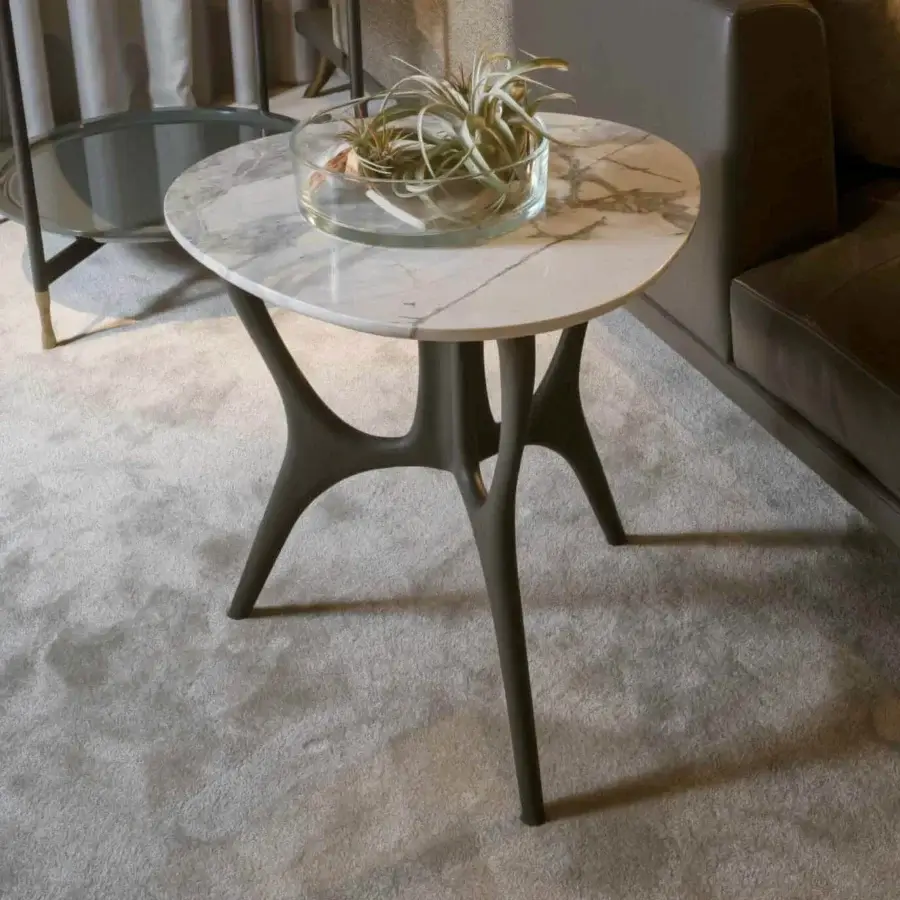 Superior BelMondo by Bellotti Ezio Dedalo side table with curved dark gray wood base and smooth marble tabletop featuring white with grey veining