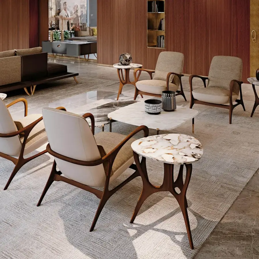 Distinguished BelMondo by Bellotti Ezio Dedalo side table with swirling beige and cream marble top and dark brown curved wood base