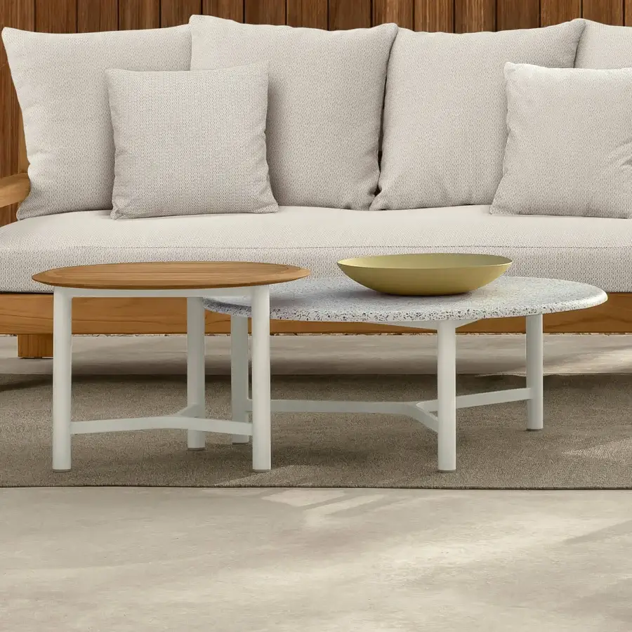 Superior Talenti Oliver coffee & side table with teak top and matte white metal base, enhanced by a smooth finish