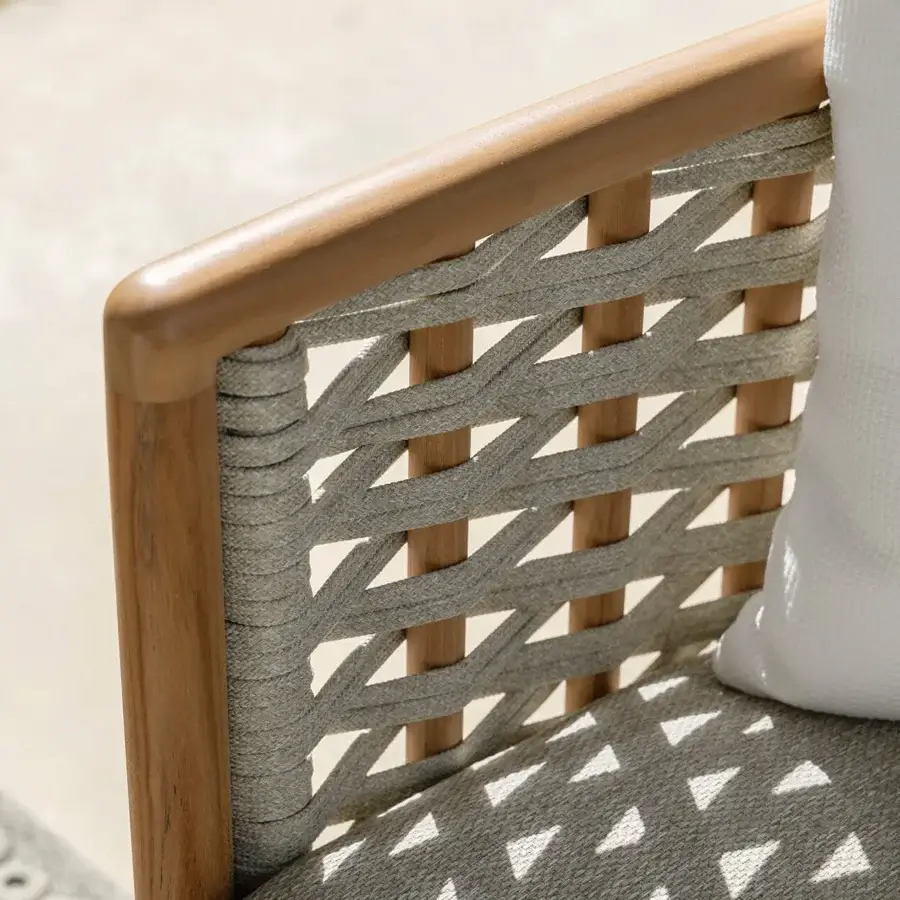 Exceptional Talenti Prichi sofa with woven rope backrest and seat in light grayish-taupe with smooth teak wood frame