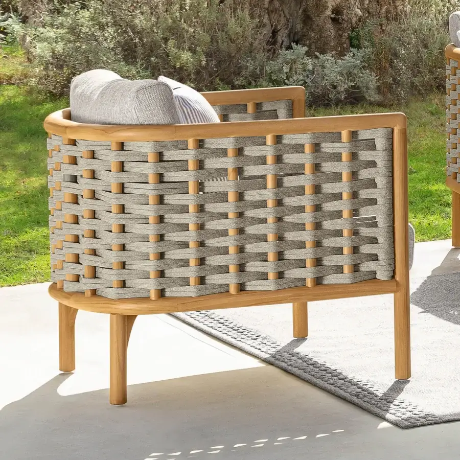 Exceptional Talenti Prichi lounge chair with gray woven ropes and light natural teak structure