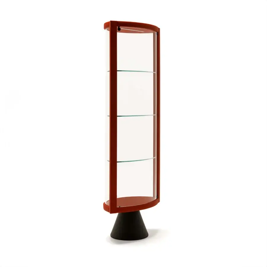 Superior Cattelan Italia Saba swiveling showcase with fine leather upholstery and extra-clear crystal shelves in reddish-brown finish