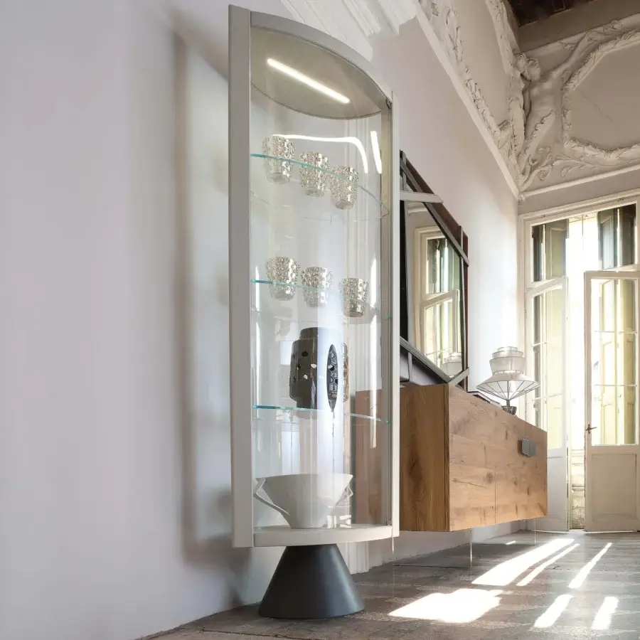 Superior Cattelan Italia Saba swiveling showcase with gray leather, extra-clear crystal doors and a steel base