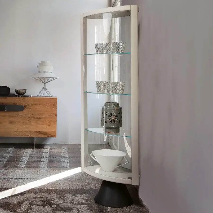 Superior Cattelan Italia Saba swiveling showcase with cream frame, dark base, and extra-clear crystal doors and shelves crafted in leather