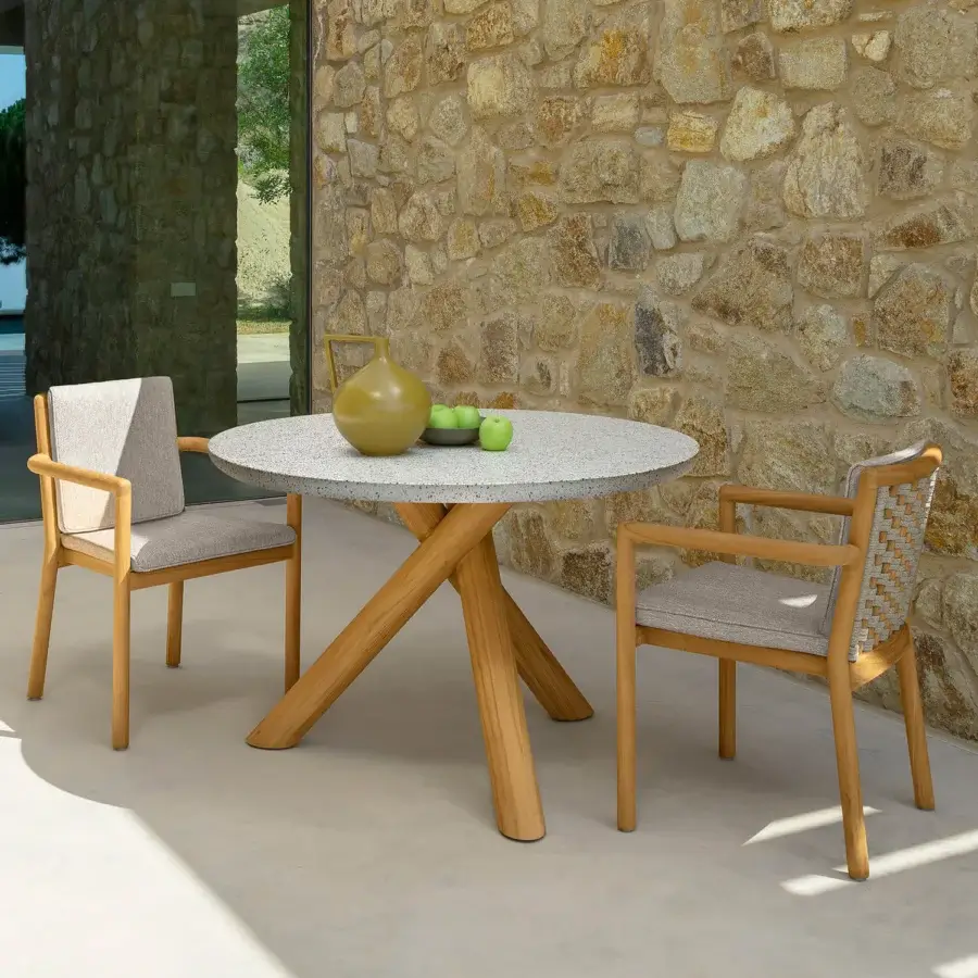 Distinguished Talenti Prichi armchair with solid teak and intricately woven rope detailing in light gray upholstery