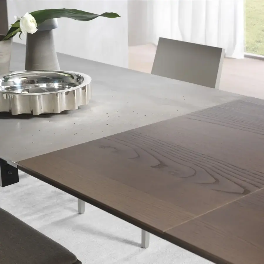 Superior Pacini & Cappellini Dominique table with two-toned Cimento® and veneered ash, built with solid ash wood legs