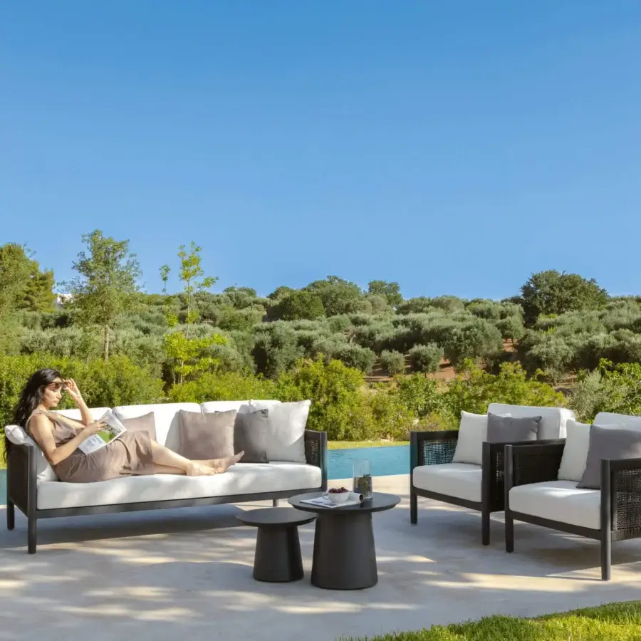 Exceptional Talenti Dolcevita Alu sofa with dark gray matte aluminum and light off-white upholstery woven with synthetic panels