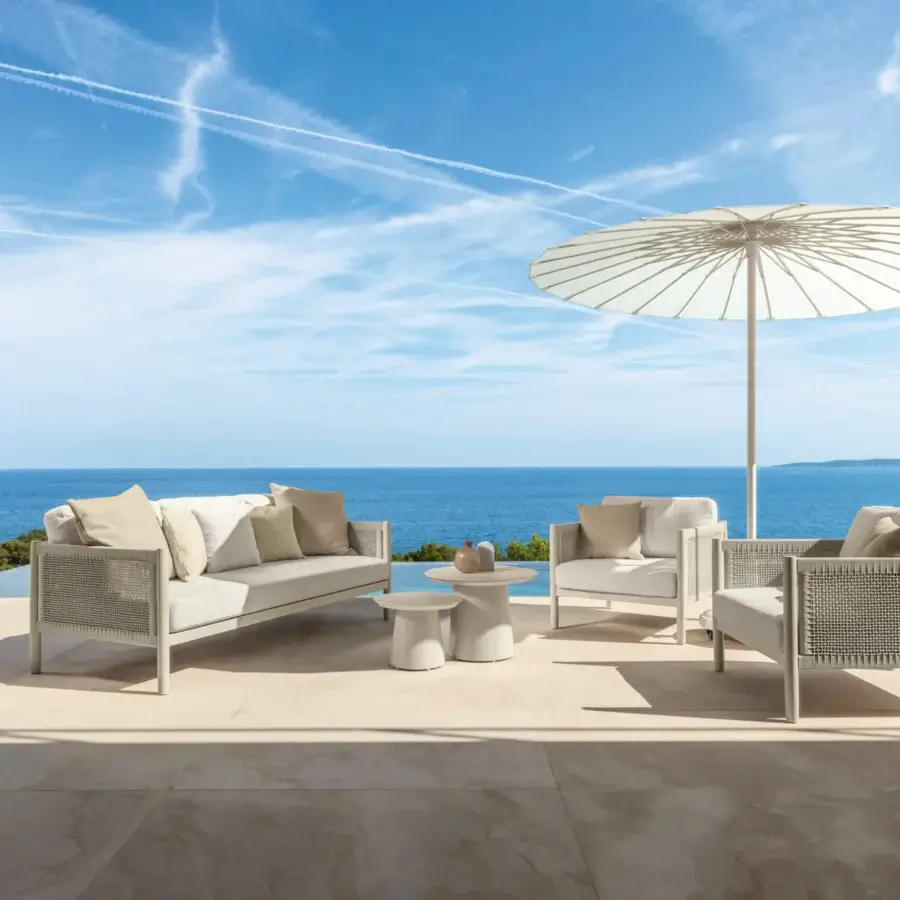 Sophisticated Talenti Dolcevita Alu sofa with light beige woven aluminum and neutral cushions crafted with a matte finish
