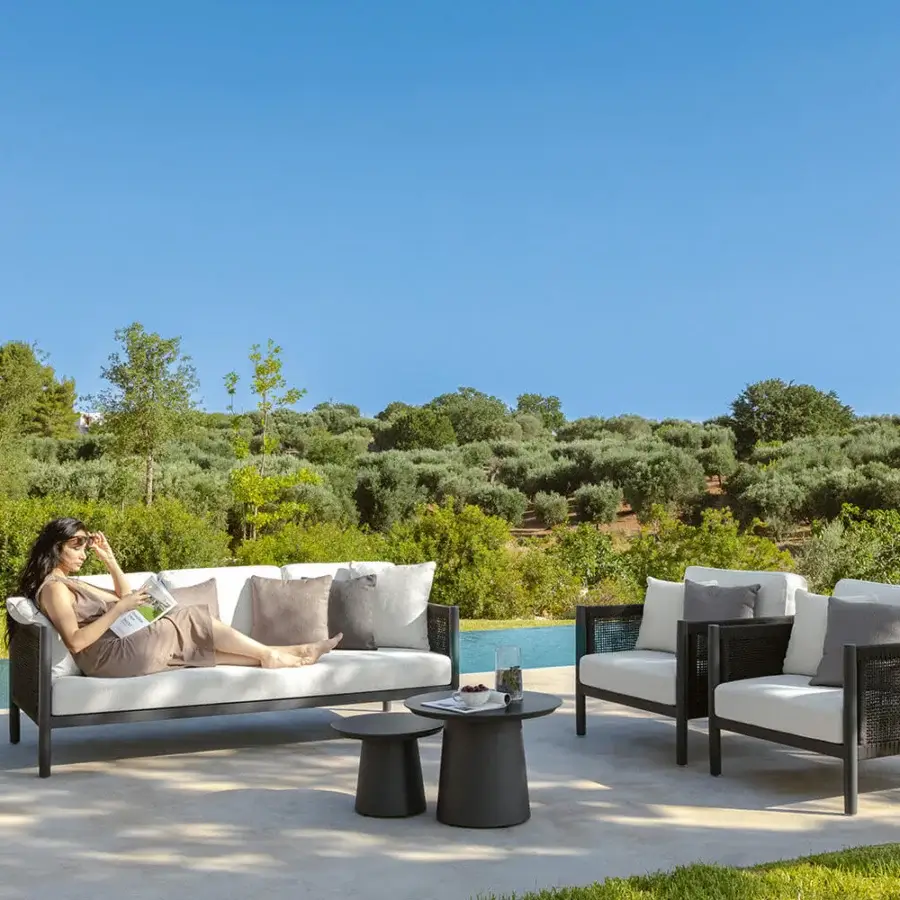 Exceptional Talenti Dolcevita Alu coffee table with conical aluminum base and matte stoneware top