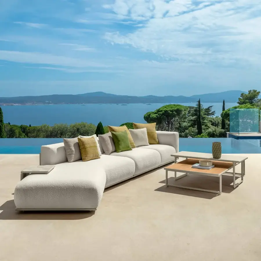 Distinguished Talenti Tressé coffee table with a light aluminum frame and natural wood-tone lava stone top crafted in Italy