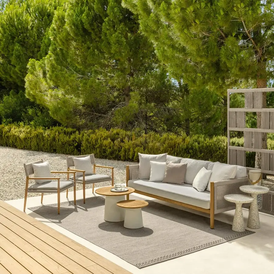 Distinguished Talenti Dolcevita Wood sofa with light brown teak frame and light gray cushions conveys a modern aesthetic