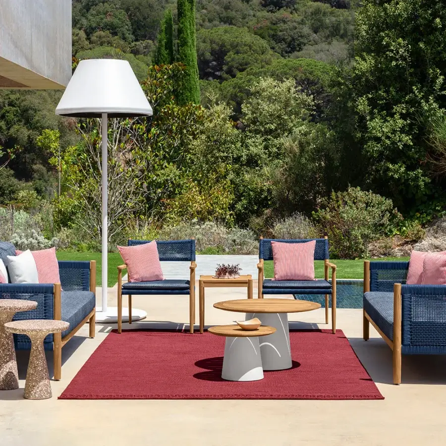 Superior Talenti Dolcevita Wood coffee table with warm-toned teak wood top and matte white aluminum base