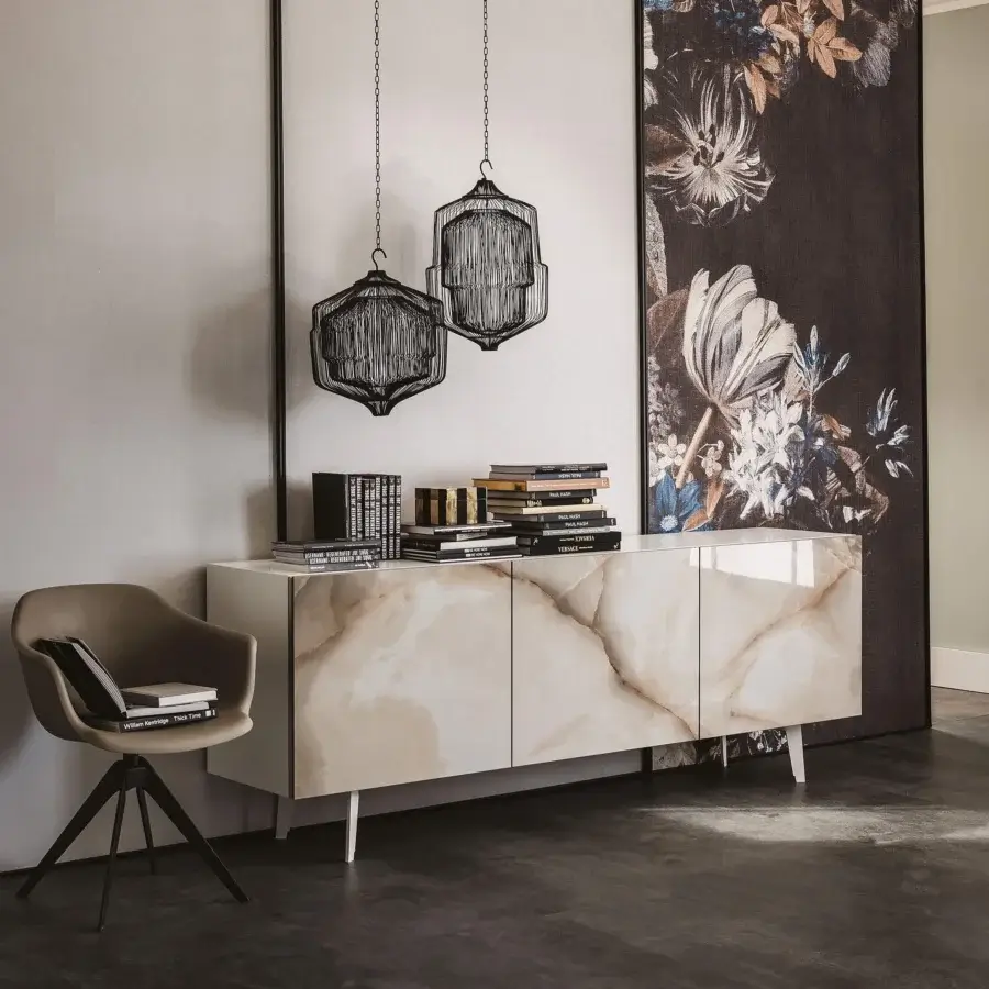 Distinguished Cattelan Italia Metropol sideboard with precious Marmi ceramic doors and creamy off-white finish exhibiting flowing beige veins