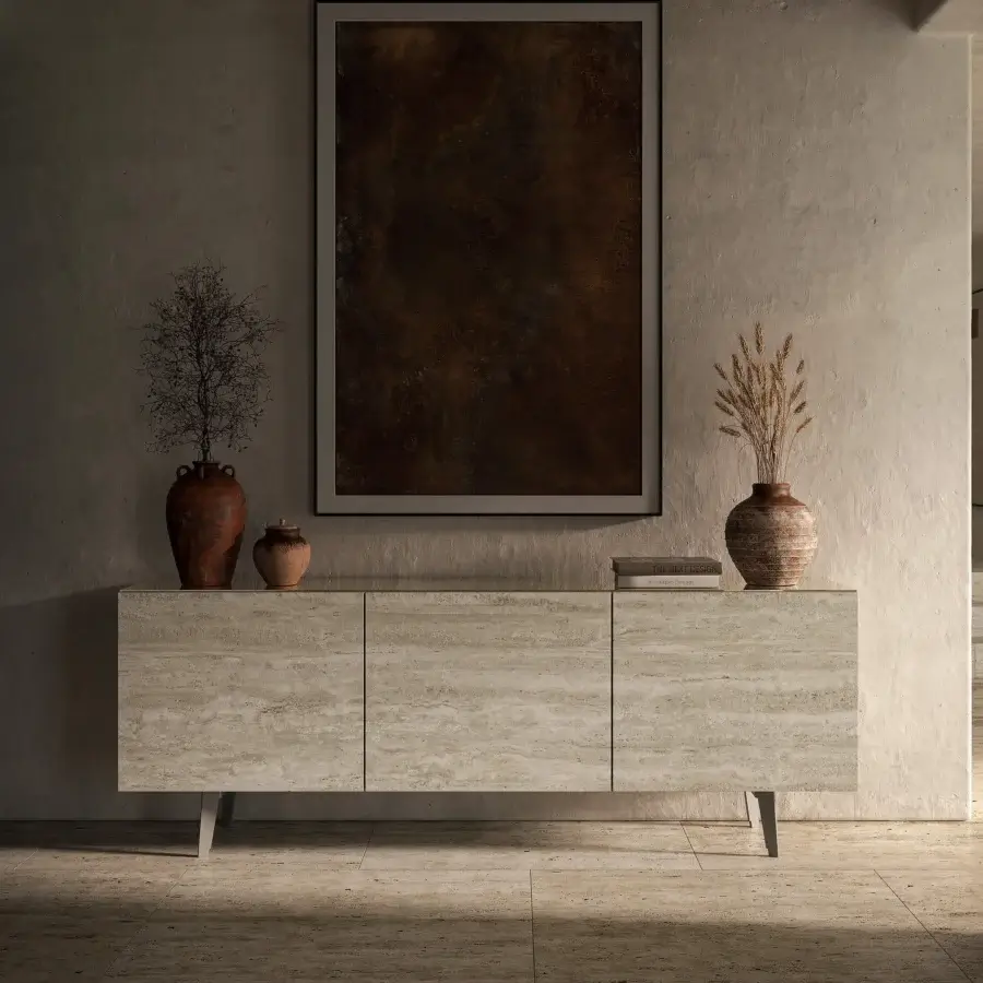 Distinguished Cattelan Italia Metropol sideboard with light beige Marmi ceramic doors and sleek metal legs crafted in Italy