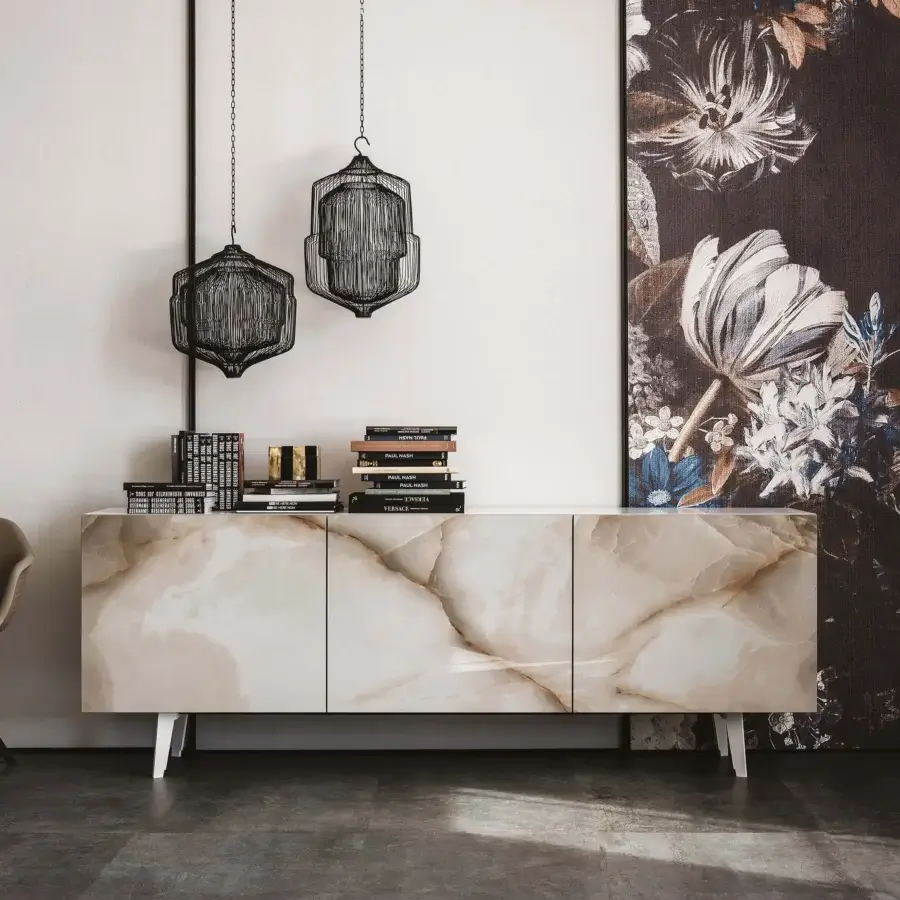 Distinguished Cattelan Italia Metropol sideboard with glossy light cream Marmi ceramic doors and white legs