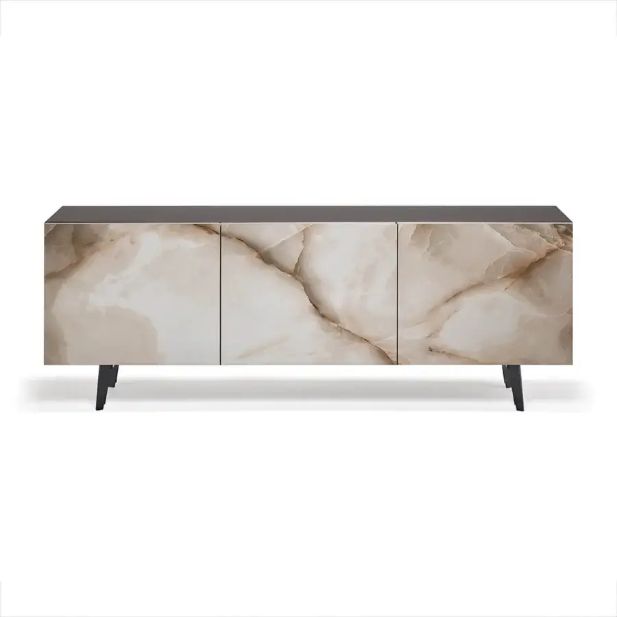 Distinguished Cattelan Italia Metropol sideboard with precious Marmi ceramic doors and silky clear glass shelves in off-white and beige tones
