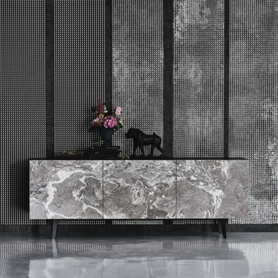 Superior Cattelan Italia Metropol sideboard with precious Marmi ceramic doors and silky clear glass shelves crafted in Italy