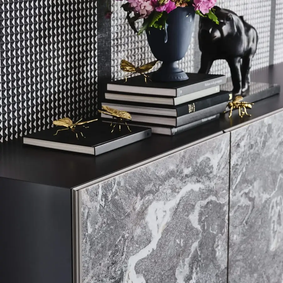 Distinguished Cattelan Italia Metropol sideboard with marbled gray and white ceramic doors and silky clear glass shelves