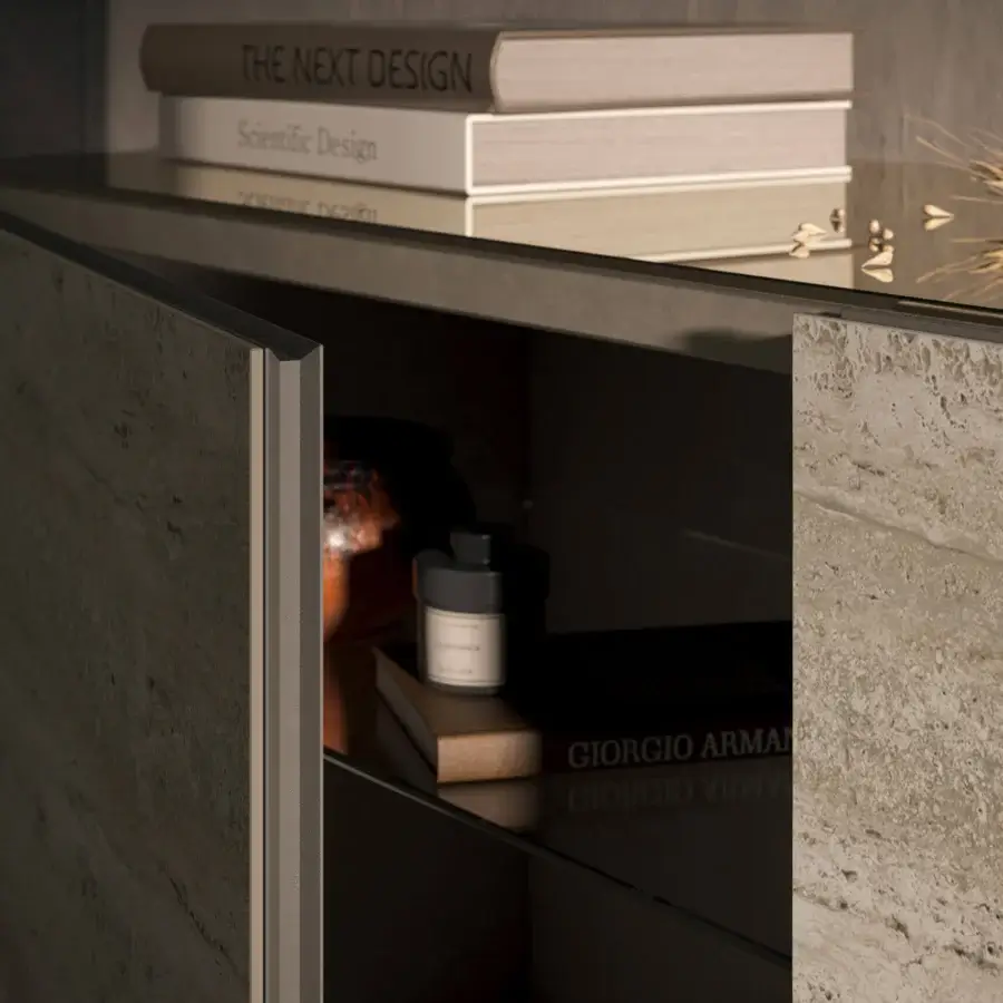 Superior Cattelan Italia Metropol sideboard with warm gray Marmi ceramic cladding and silky clear glass shelves