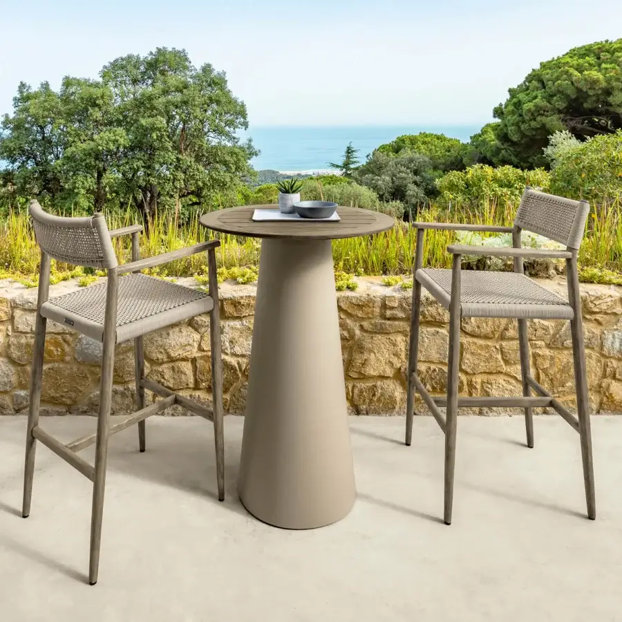 Harmonious Talenti Dolcevita Wood bar table with light brown teak top and smooth light brown aluminum base